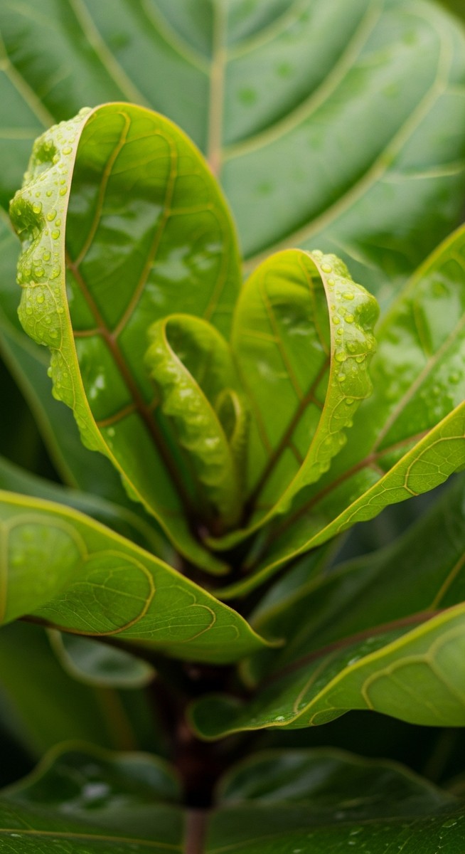 close-up of curling fiddle leaf fig leaves showing the inward curl shape