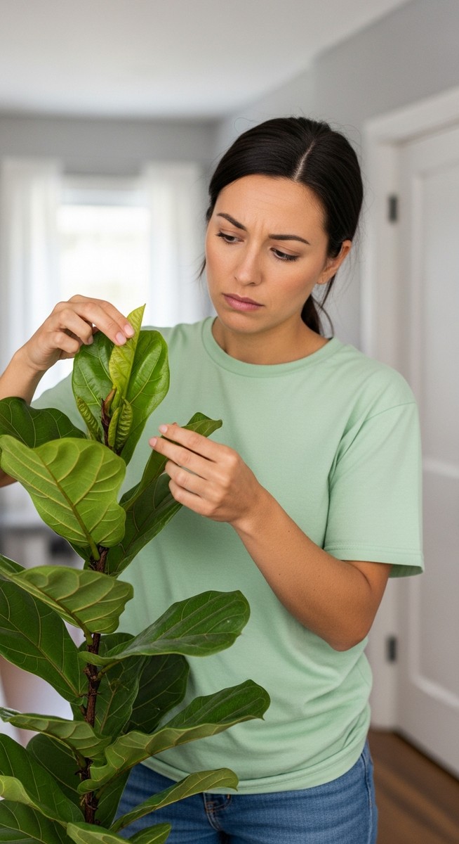 a person examining the curled leaves of a fiddle leaf fig plant, for fiddle leaf fig leaves curling
