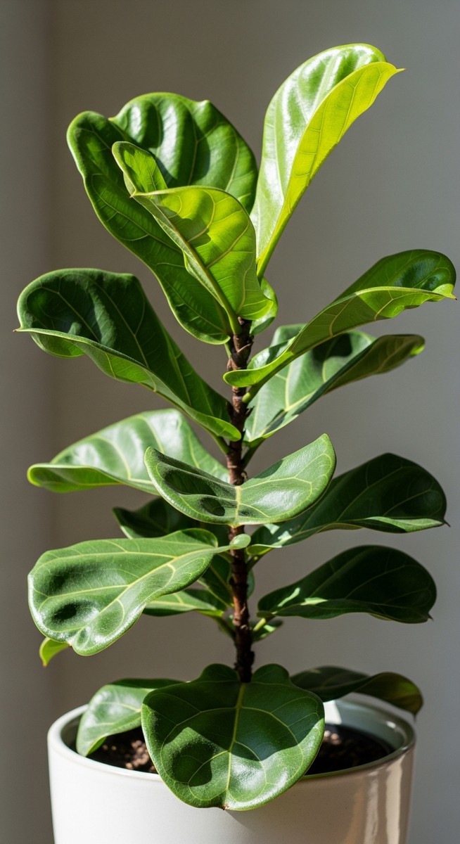 side view of a fiddle leaf fig plant showing leaves curling upward
