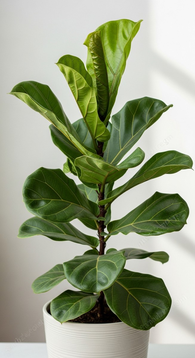 side view of a fiddle leaf fig plant showing leaves curling upward