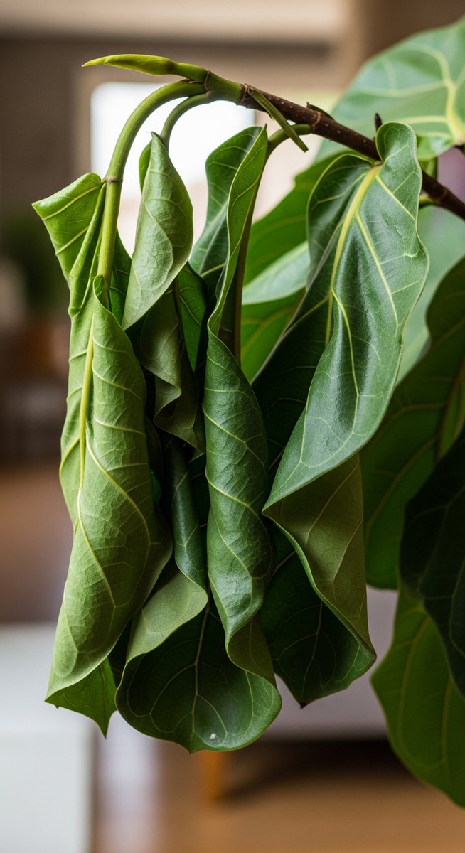 close-up of drooping fiddle leaf fig leaves hanging limply from the stem