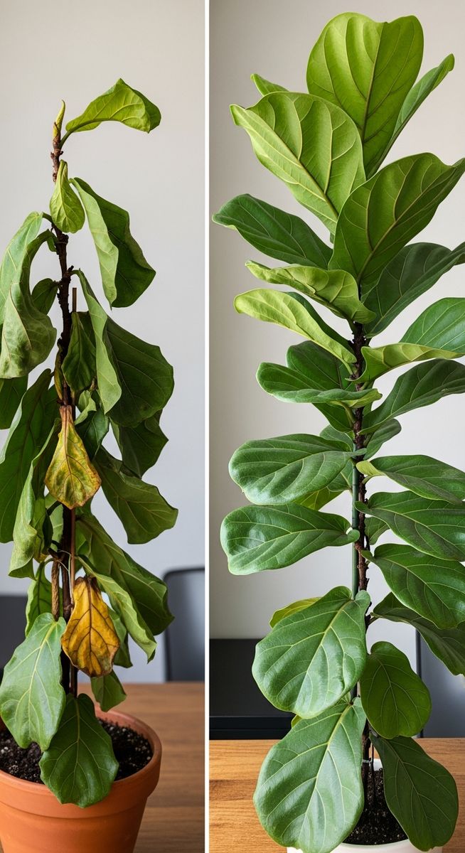 a wilting fiddle leaf fig plant compared to a healthy upright one, for fiddle leaf fig leaves drooping