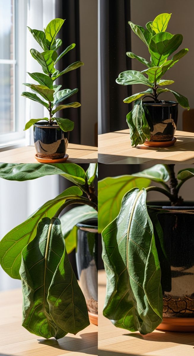 a wilting fiddle leaf fig plant in a pot with leaves drooping down