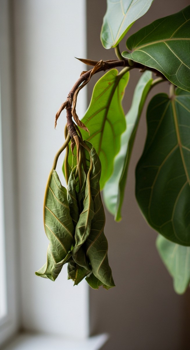 close-up of a drooping fiddle leaf fig stem with limp leaves, for fiddle leaf fig leaves drooping