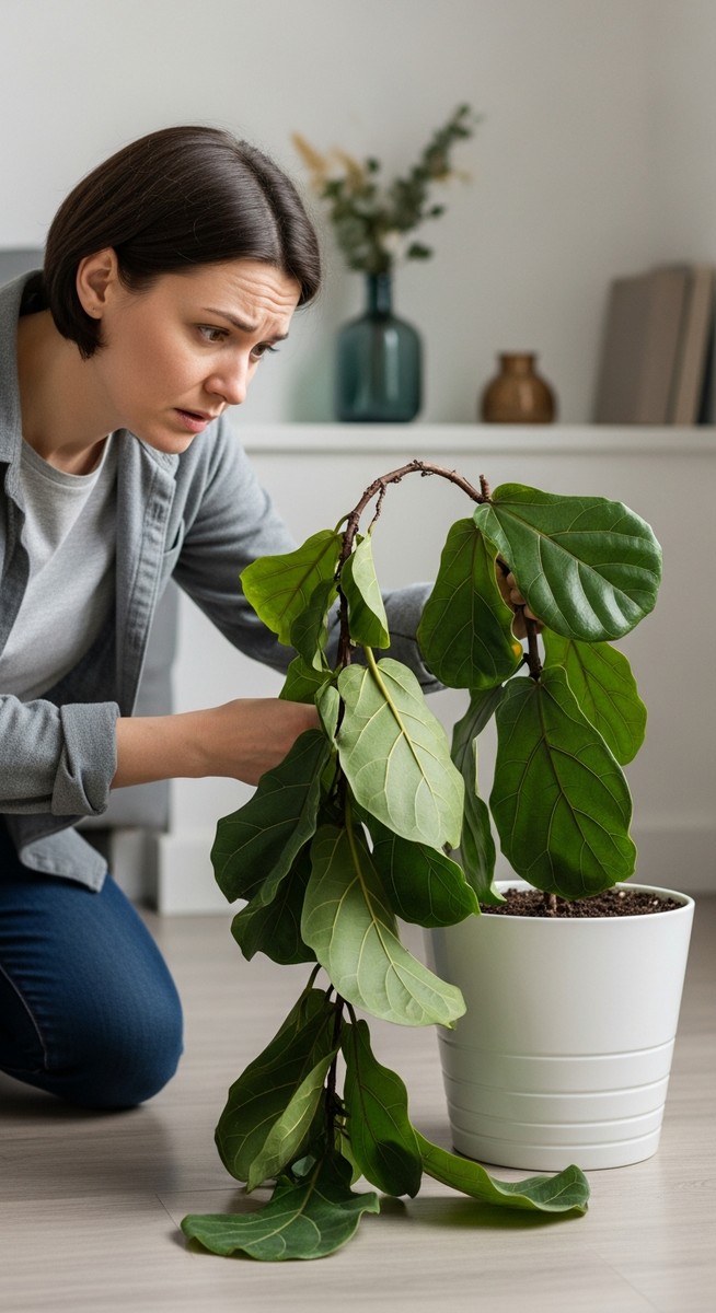 a person looking with concern at a drooping fiddle leaf fig plant