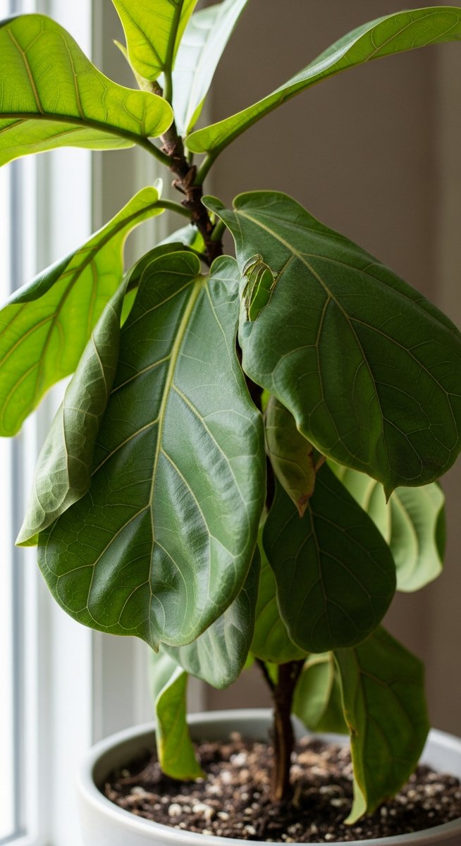 a fiddle leaf fig plant with leaves pointing downward from dehydration, for fiddle leaf fig leaves drooping
