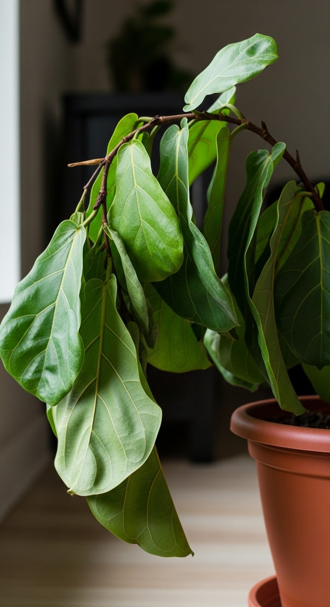 side view of a drooping fiddle leaf fig plant with limp hanging leaves
