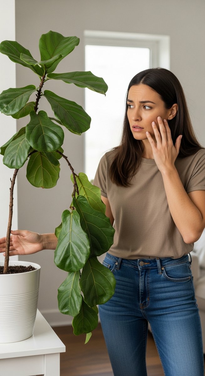 a person looking with concern at a drooping fiddle leaf fig plant