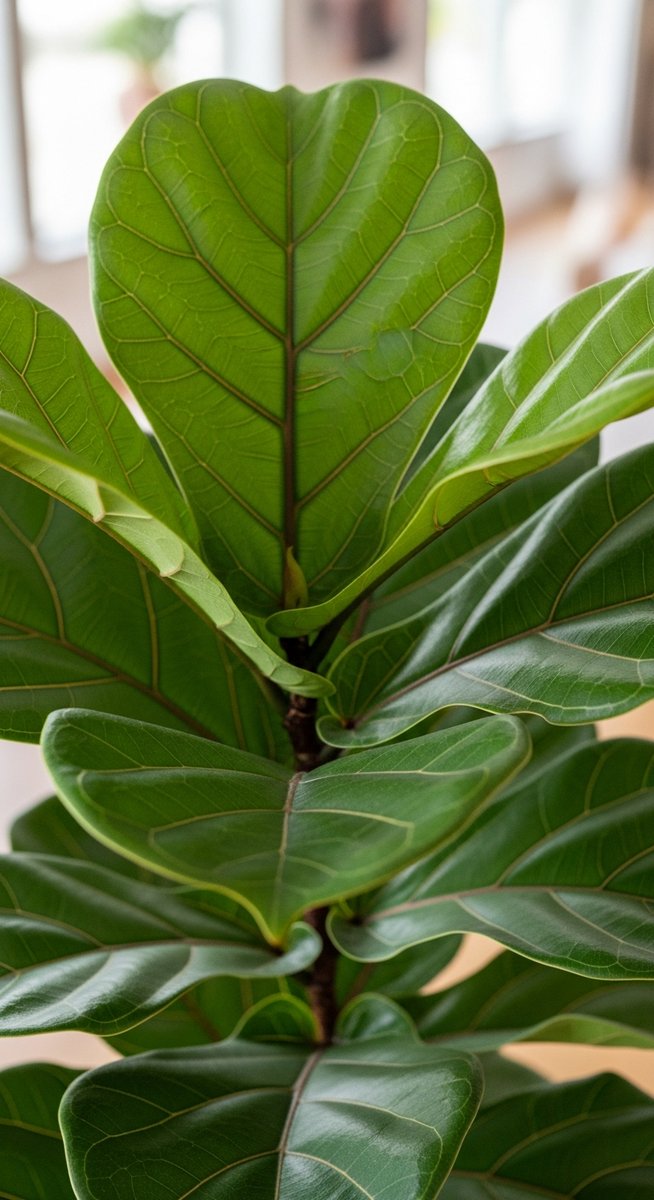 close-up of fiddle leaf fig leaves looking lush in a bright home interior