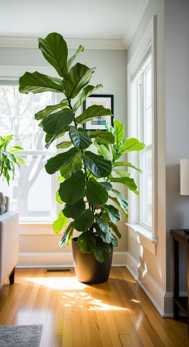 a fiddle leaf fig thriving in a bright home interior, for fiddle leaf fig light
