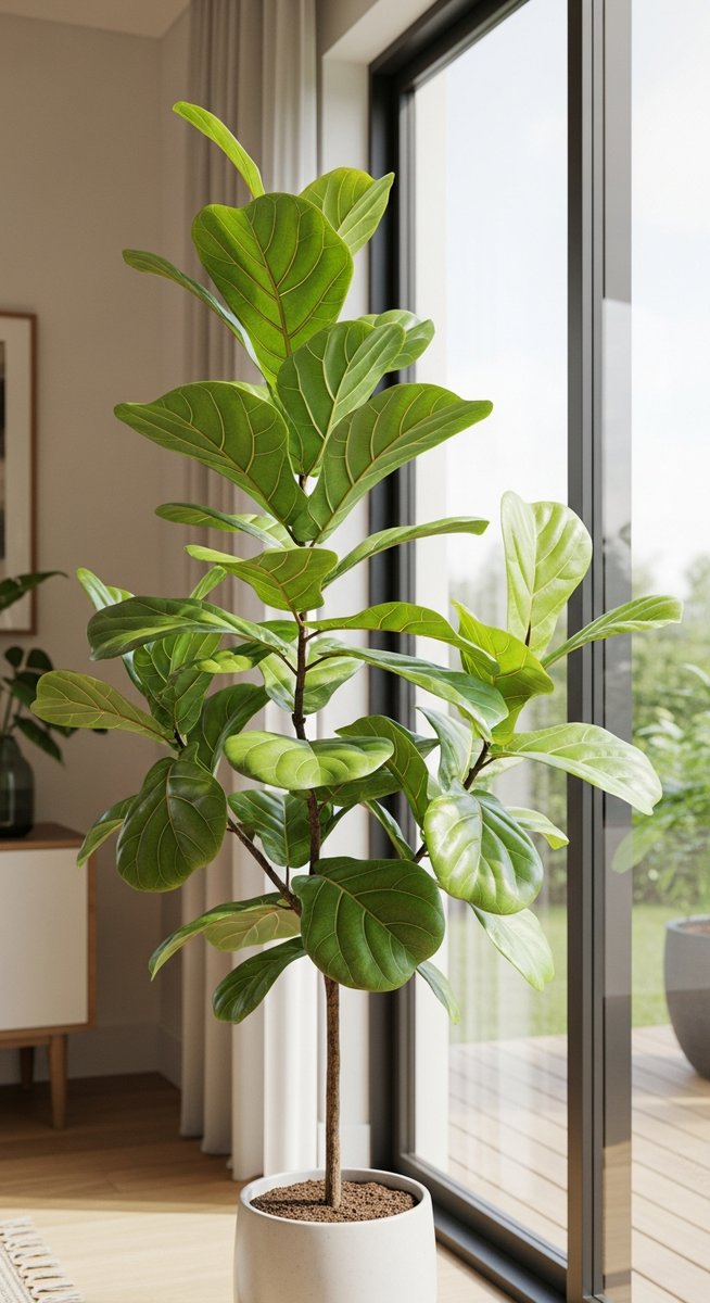 a fiddle leaf fig growing toward the light source in a bright home interior, for fiddle leaf fig light