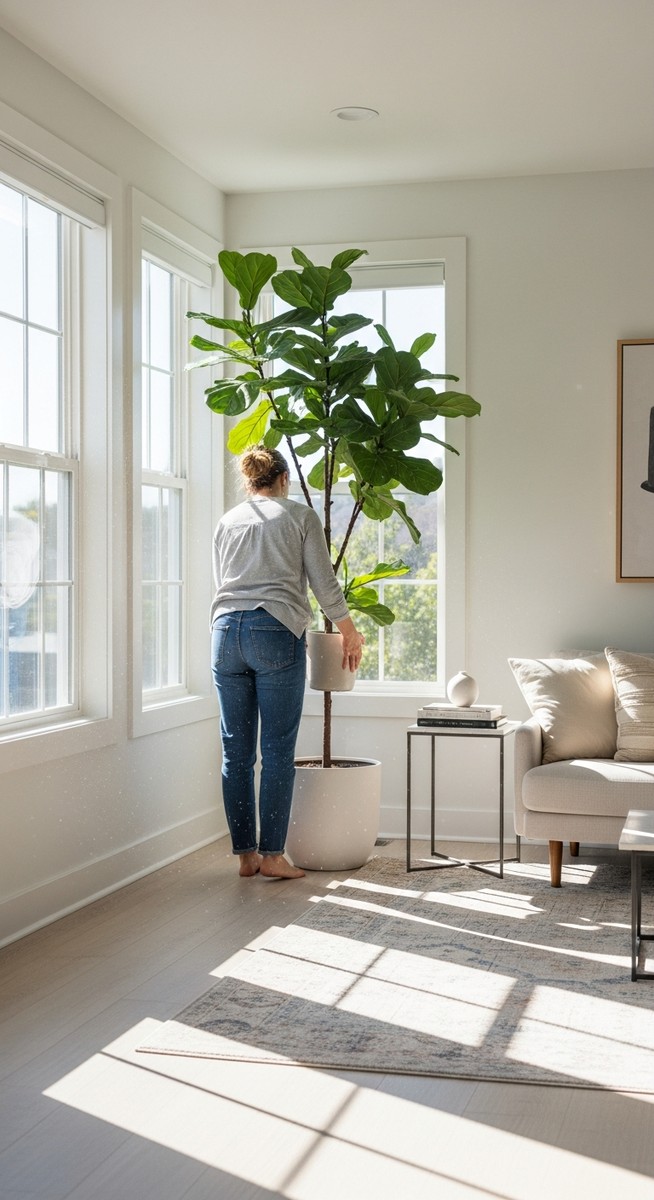 a person placing a fiddle leaf fig in the ideal spot in a bright home interior, for fiddle leaf fig light