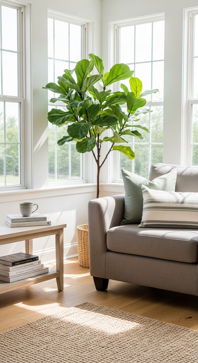 a fiddle leaf fig in the brightest spot of a bright home interior