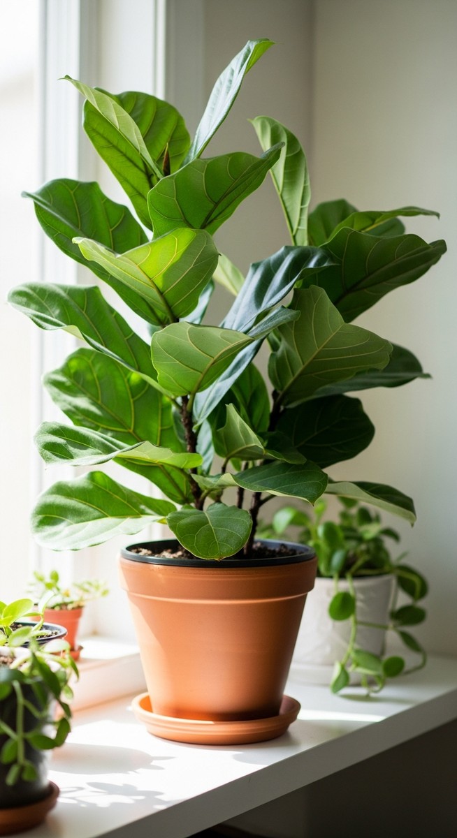a lush fiddle leaf fig plant in a terracotta pot on a white shelf