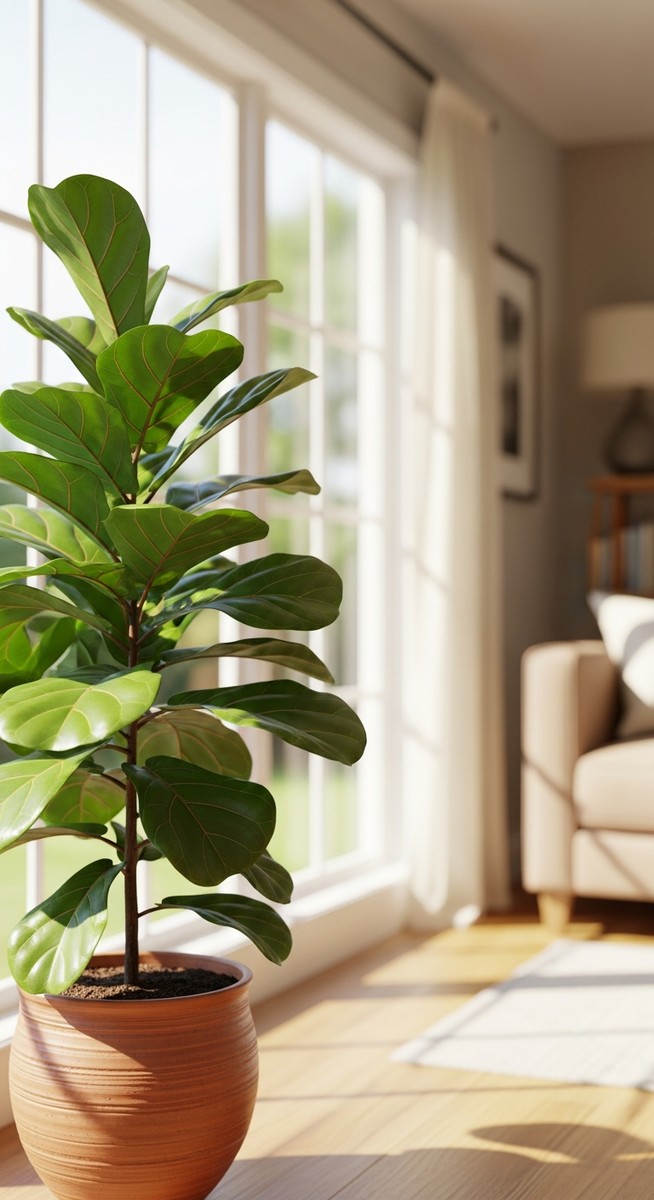 a fiddle leaf fig plant in a pot near a bright window