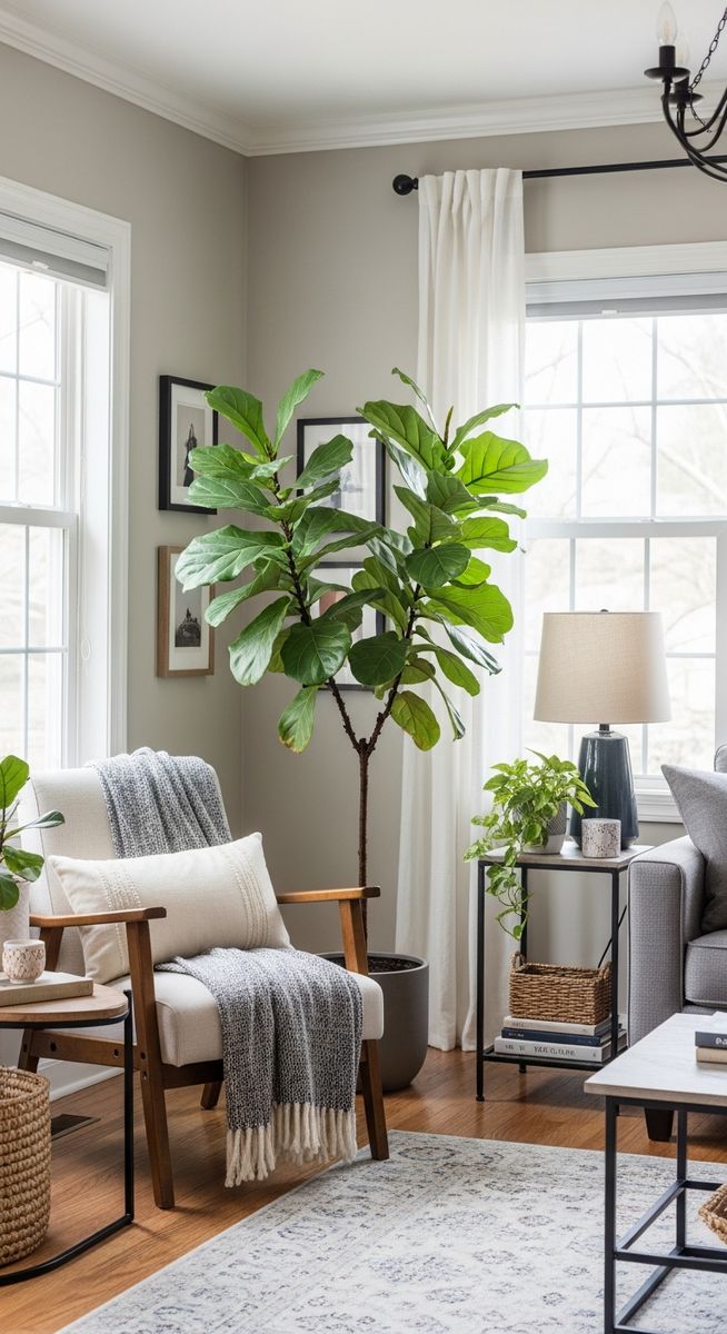 a large thriving fiddle leaf fig plant as a living room focal point, for fiddle leaf fig multiple stems