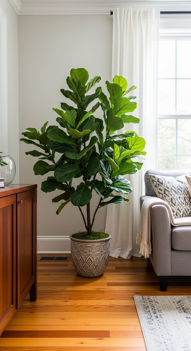a fiddle leaf fig plant in a decorative pot on a wooden floor