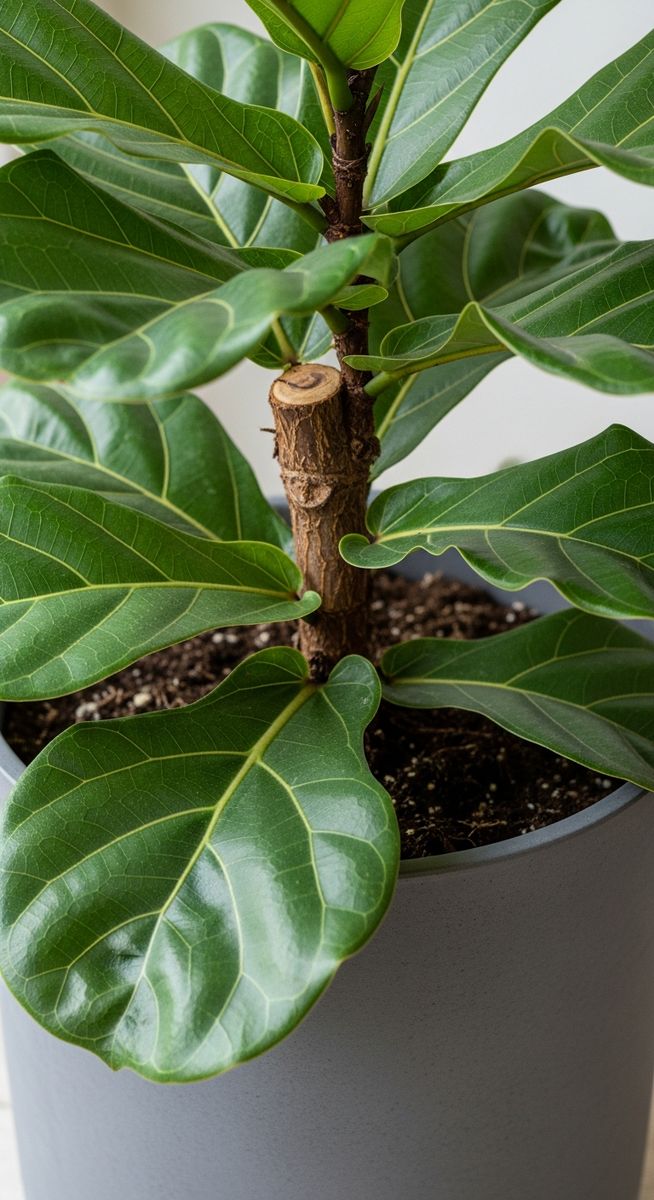 close-up of the base and lower leaves of a fiddle leaf fig plant, for fiddle leaf fig multiple stems
