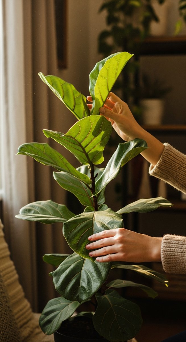 hands touching the leaves of a healthy fiddle leaf fig plant