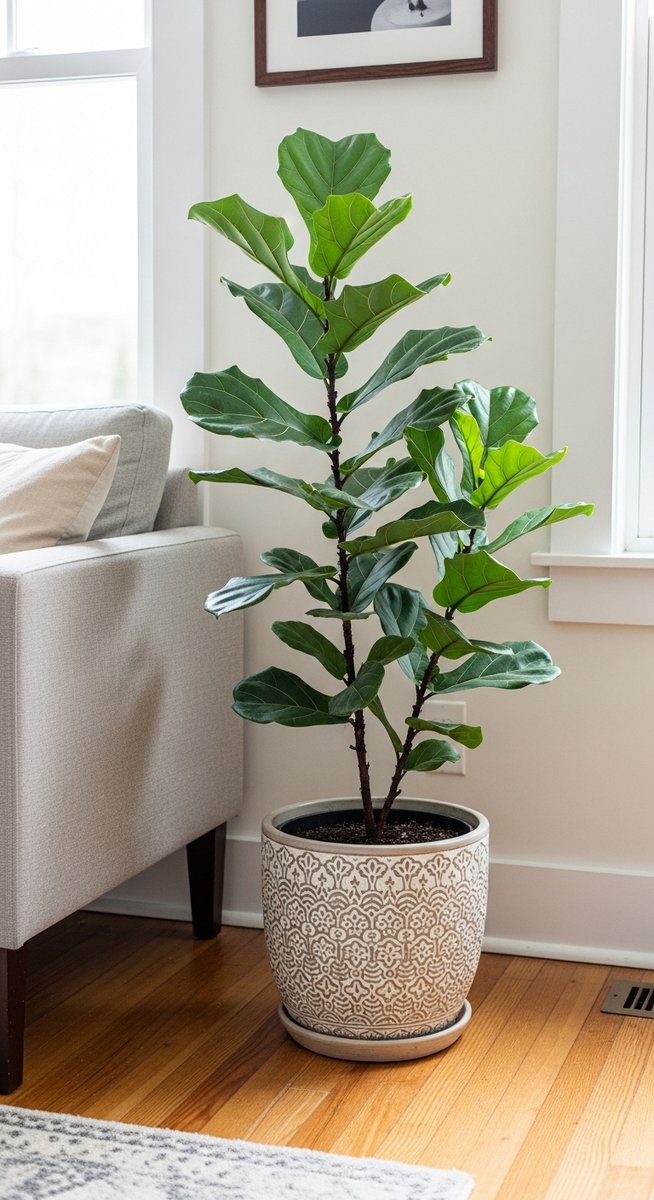 a fiddle leaf fig plant in a decorative pot on a wooden floor