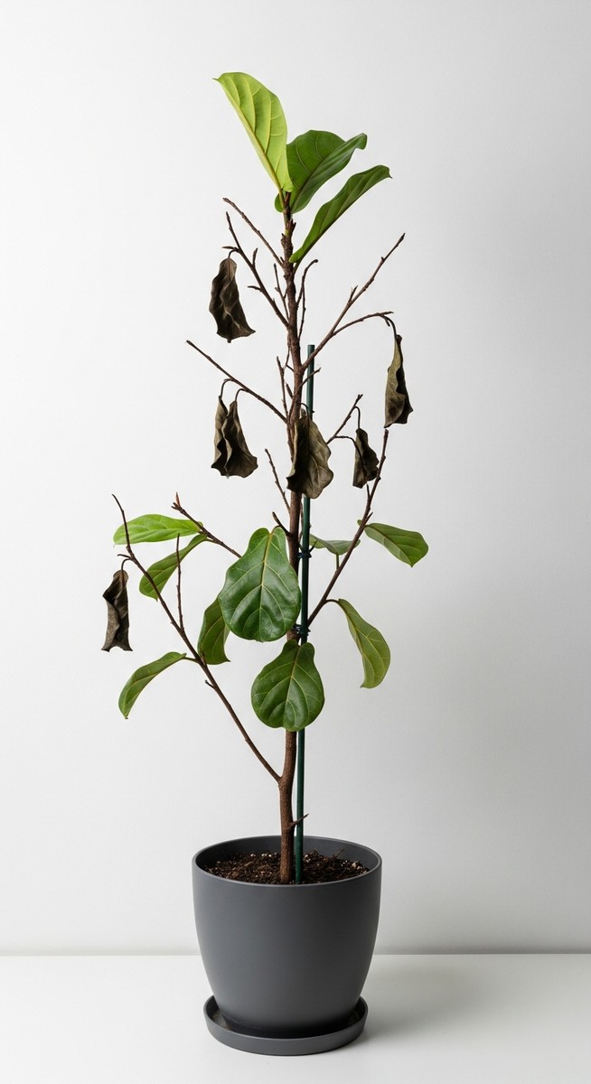 A fiddle leaf fig houseplant in a pot that has lost nearly all its leaves, for fiddle leaf fig no leaves