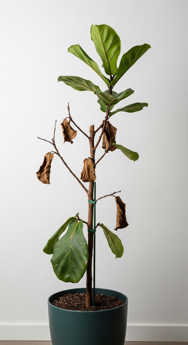 A fiddle leaf fig houseplant in a pot that has lost nearly all its leaves