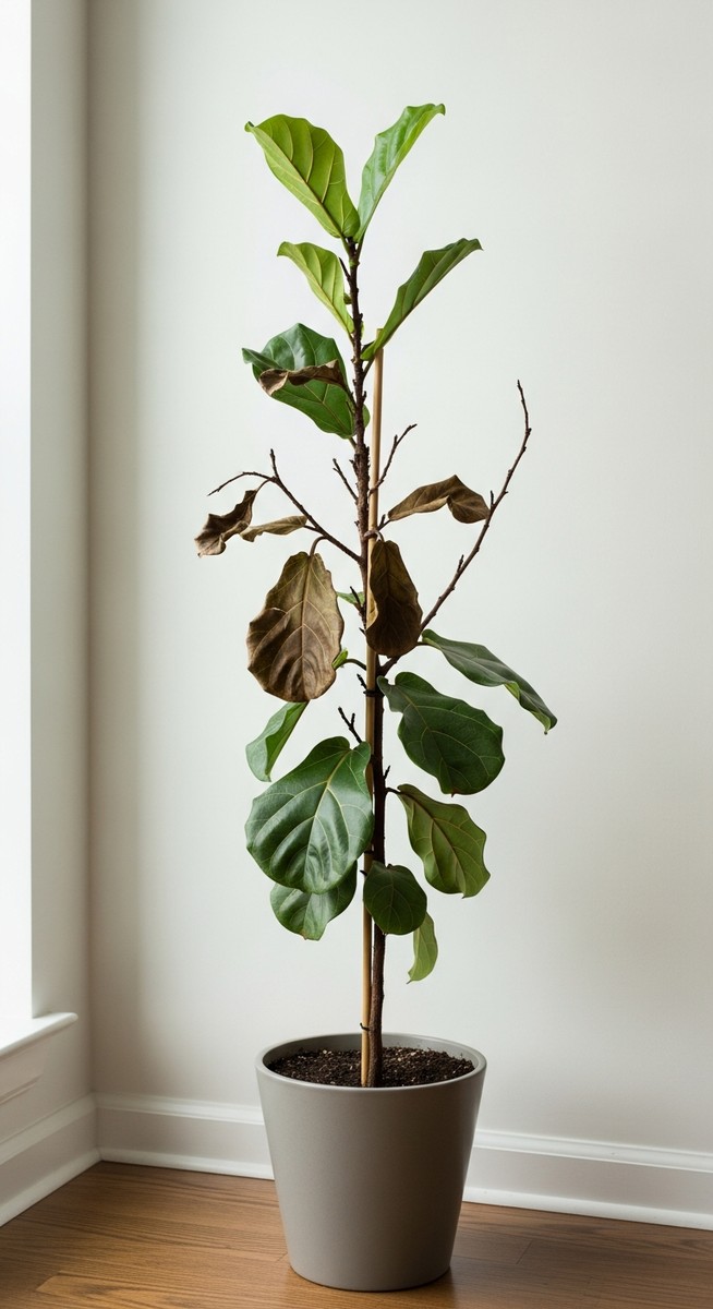 A fiddle leaf fig houseplant in a pot that has lost nearly all its leaves, for fiddle leaf fig no leaves