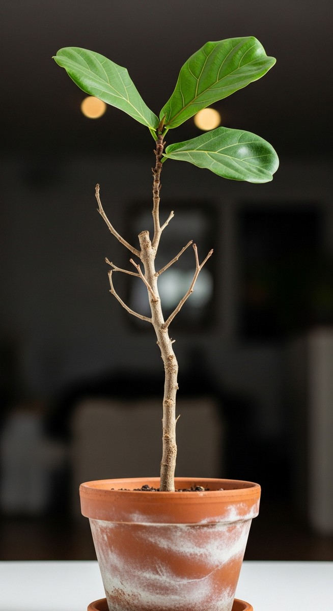 A fiddle leaf fig houseplant in a pot that has lost nearly all its leaves