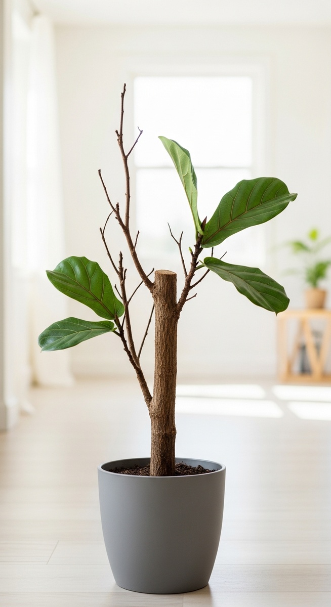 A fiddle leaf fig houseplant in a pot that has lost nearly all its leaves, for fiddle leaf fig no leaves