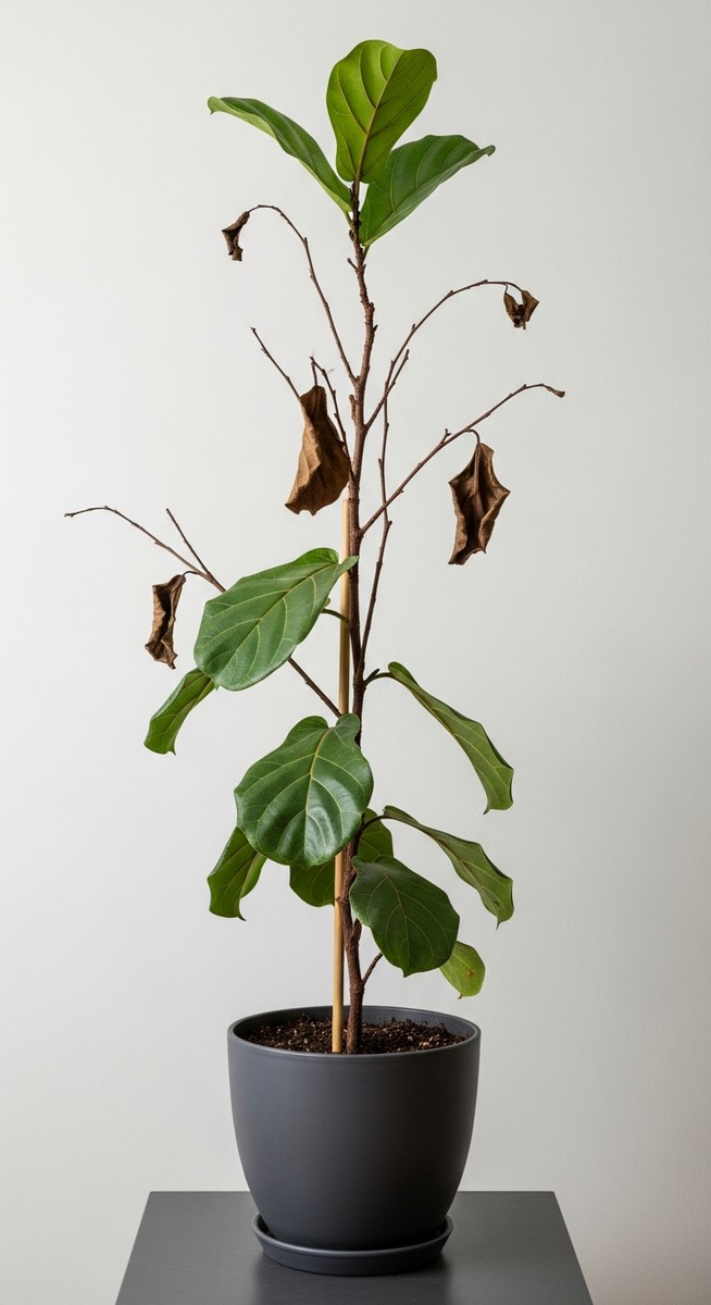 A fiddle leaf fig houseplant in a pot that has lost nearly all its leaves