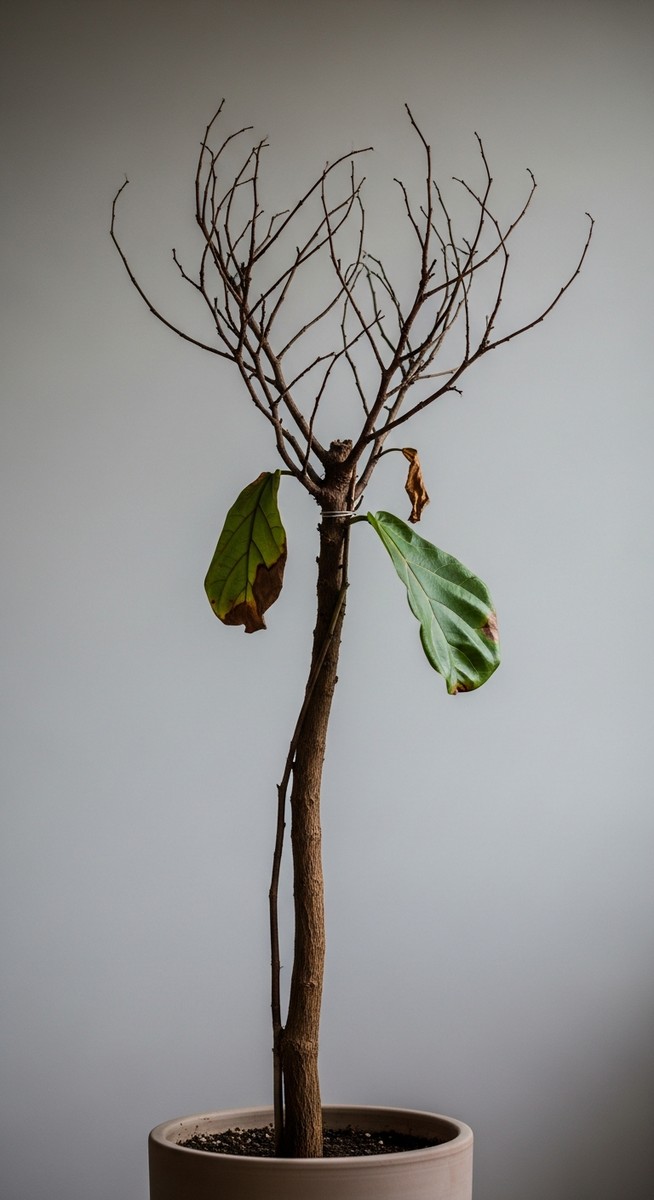 A fiddle leaf fig houseplant in a pot that has lost nearly all its leaves, for fiddle leaf fig no leaves