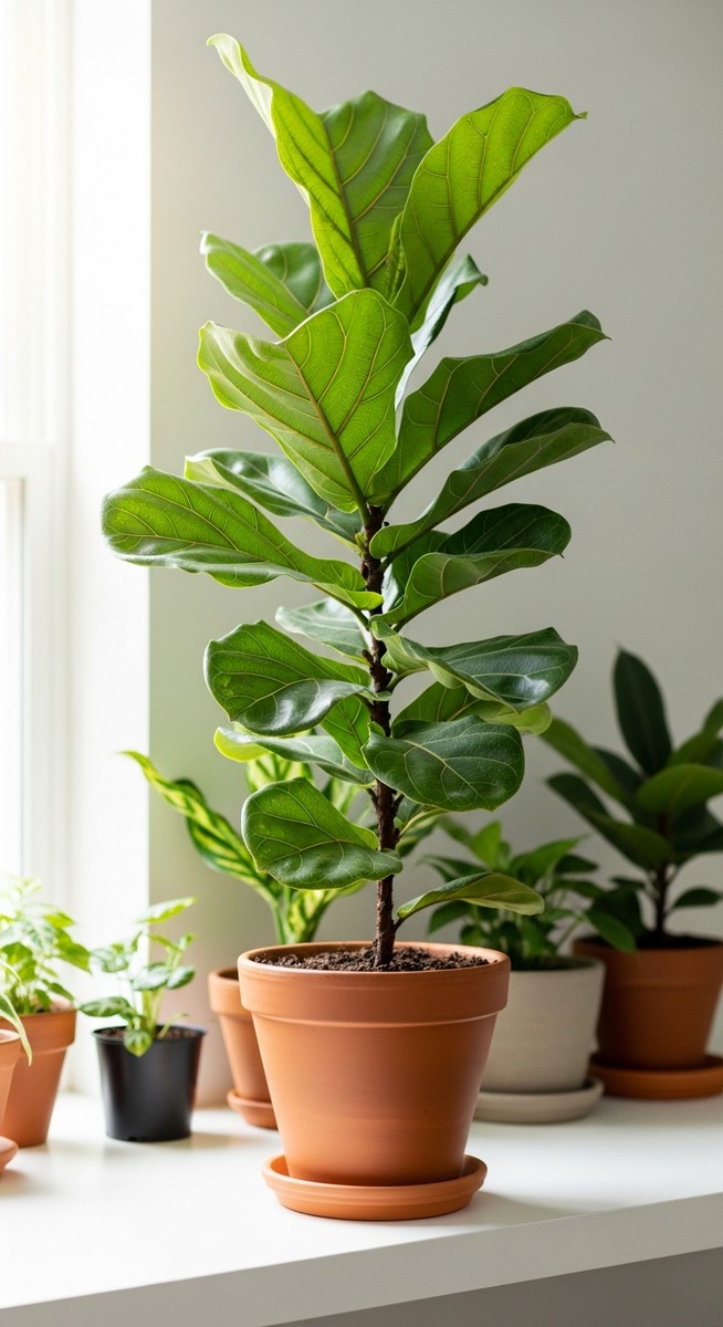 a lush fiddle leaf fig plant in a terracotta pot on a white shelf