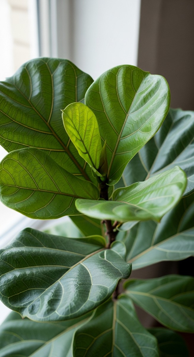 close-up of healthy fiddle leaf fig leaves showing vivid colour and texture, for fiddle leaf fig not growing new leaves