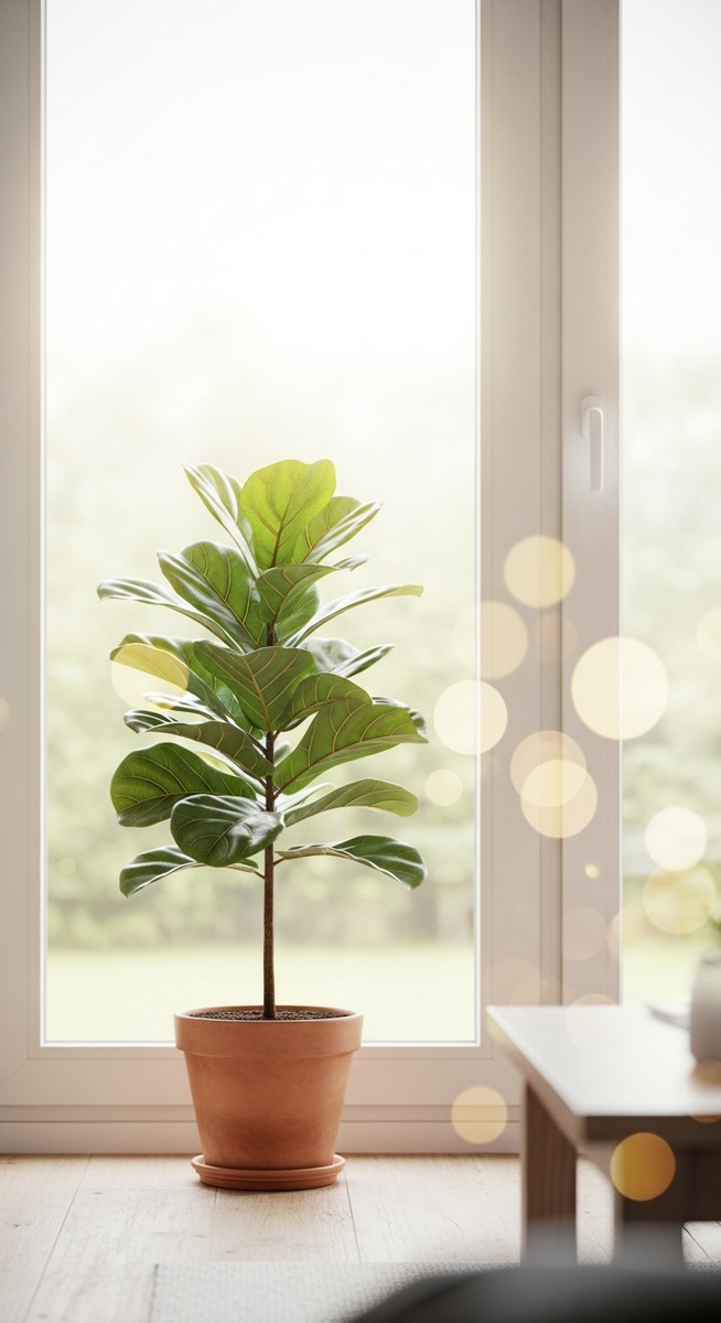 a fiddle leaf fig plant in a pot near a bright window