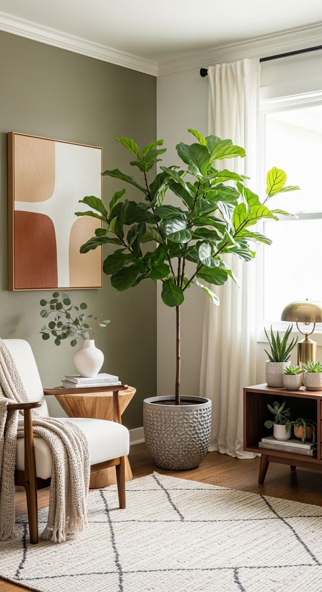 a large thriving fiddle leaf fig plant as a living room focal point, for fiddle leaf fig not growing new leaves