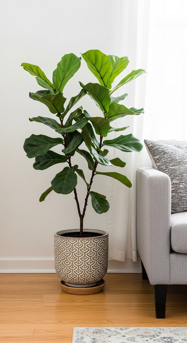 a fiddle leaf fig plant in a decorative pot on a wooden floor
