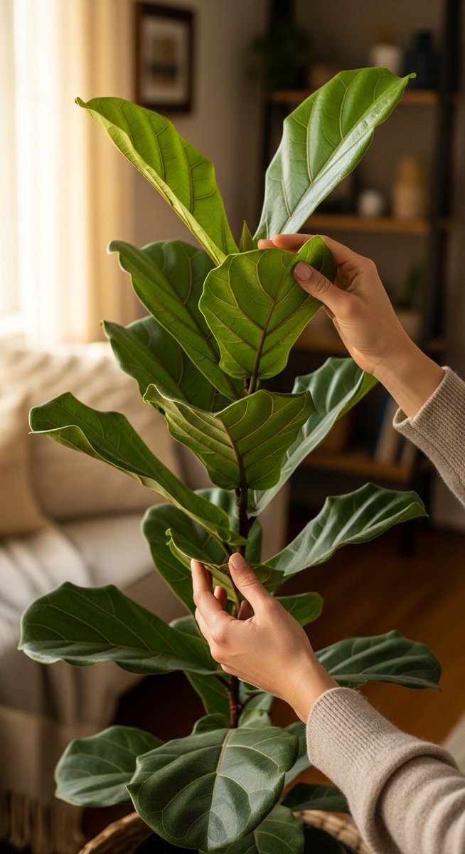 hands touching the leaves of a healthy fiddle leaf fig plant