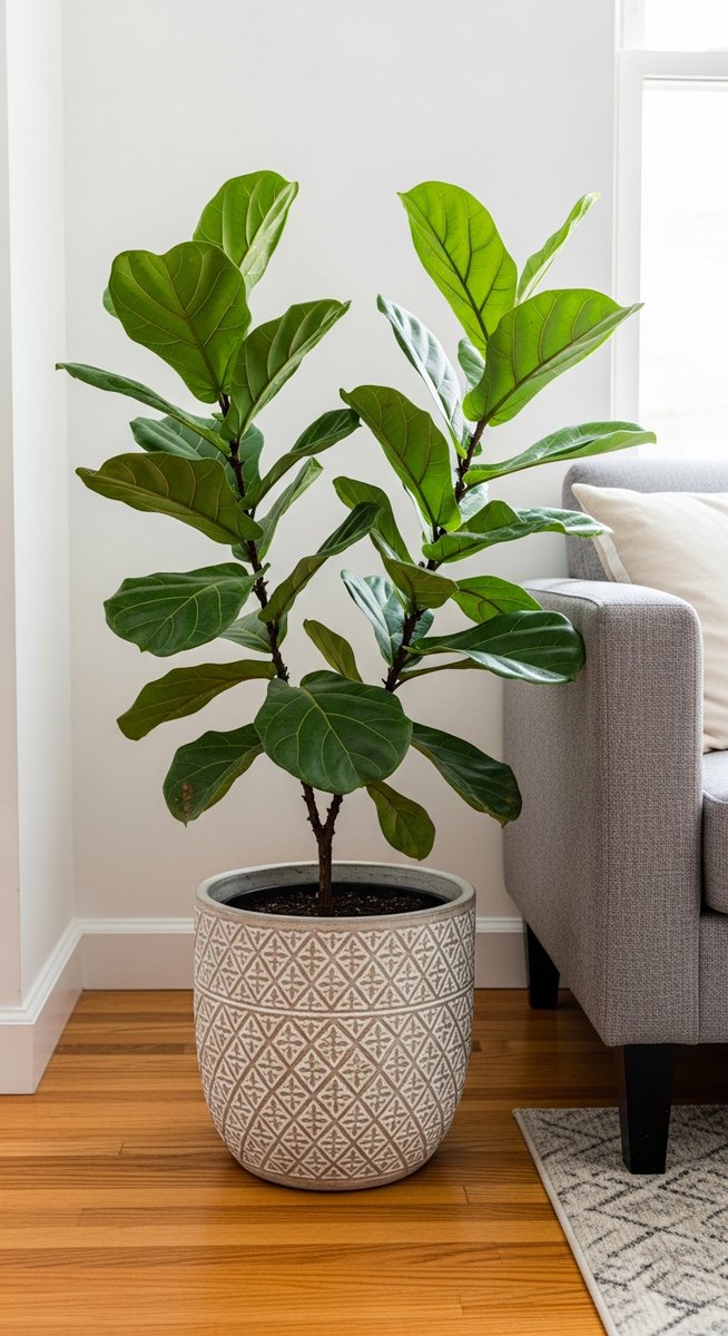 a fiddle leaf fig plant in a decorative pot on a wooden floor