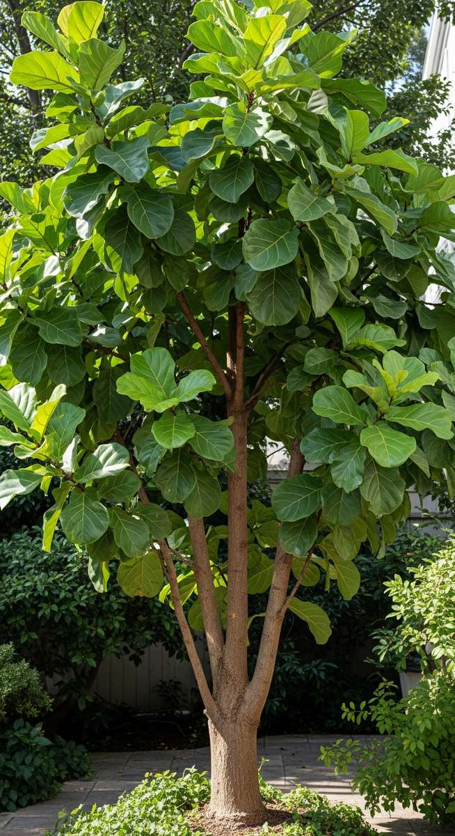 A large fiddle leaf fig tree growing outside in a garden or courtyard