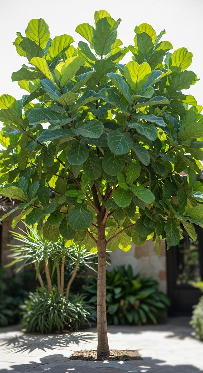 A large fiddle leaf fig tree growing outside in a garden or courtyard, for fiddle leaf fig outdoors