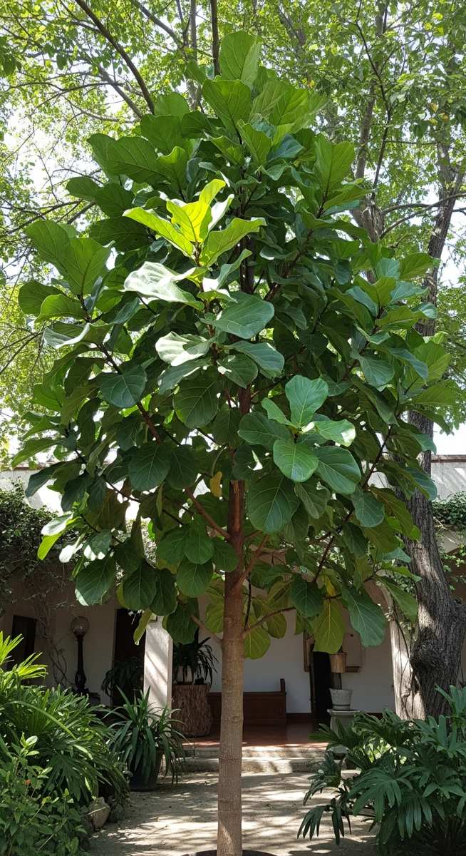 A large fiddle leaf fig tree growing outside in a garden or courtyard