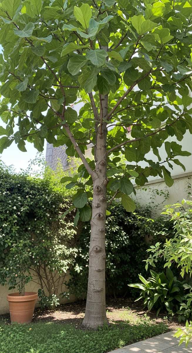 A large fiddle leaf fig tree growing outside in a garden or courtyard, for fiddle leaf fig outdoors