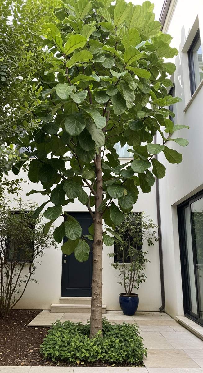 A large fiddle leaf fig tree growing outside in a garden or courtyard
