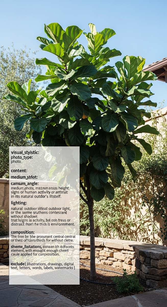 A large fiddle leaf fig tree growing outside in a garden or courtyard, for fiddle leaf fig outdoors