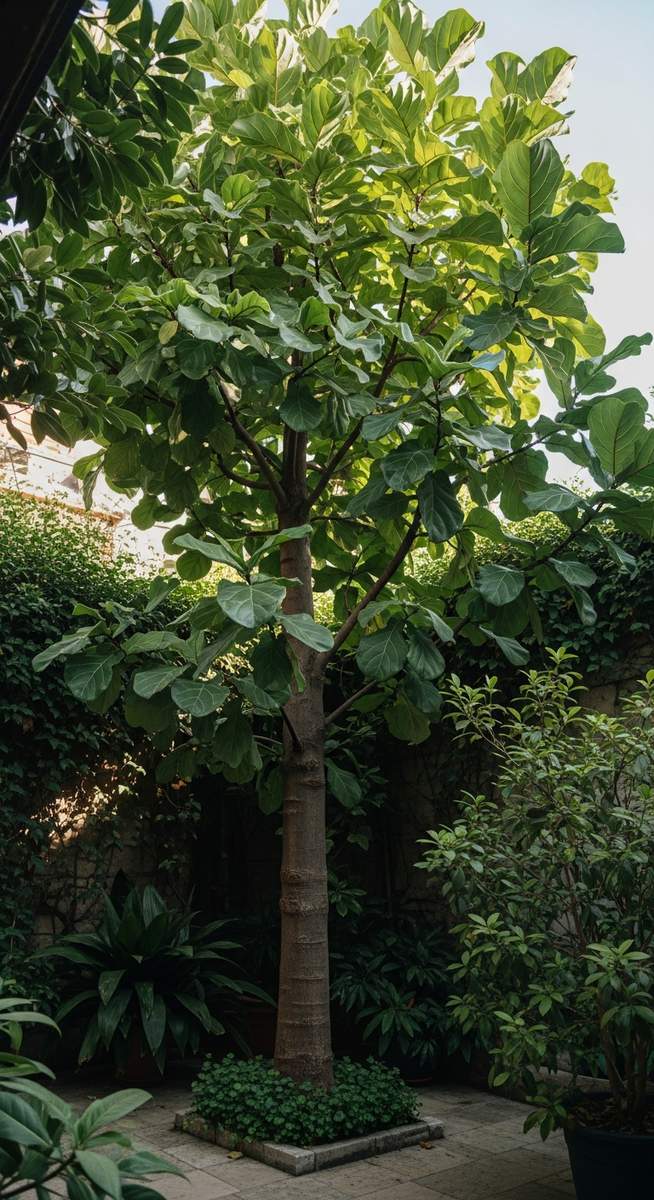 A large fiddle leaf fig tree growing outside in a garden or courtyard