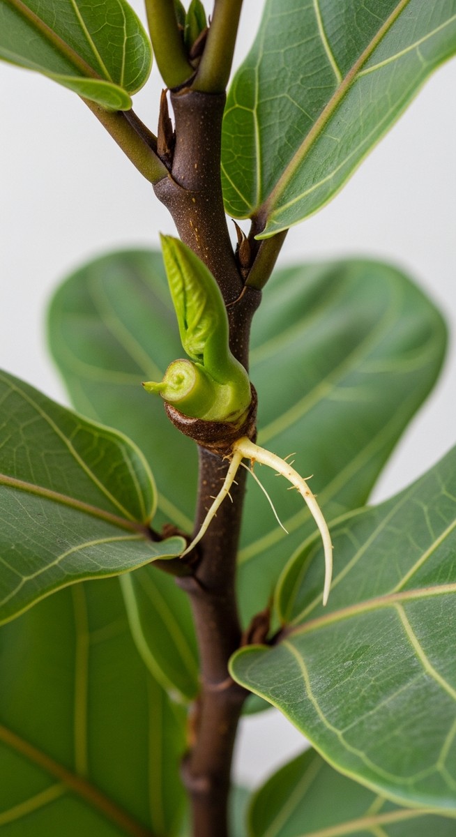 close-up of a fiddle leaf fig cutting node with root nubs emerging, for fiddle leaf fig propagation