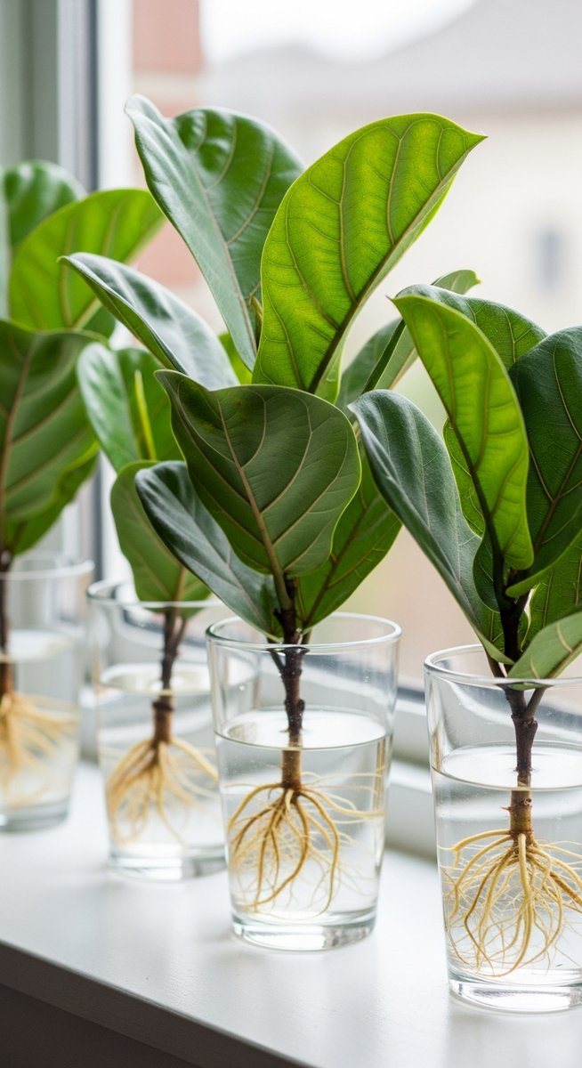 several fiddle leaf fig cuttings in glasses of water on a windowsill