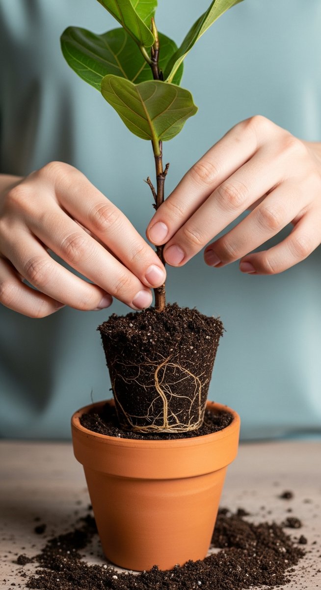 hands planting a rooted fiddle leaf fig cutting into fresh soil, for fiddle leaf fig propagation