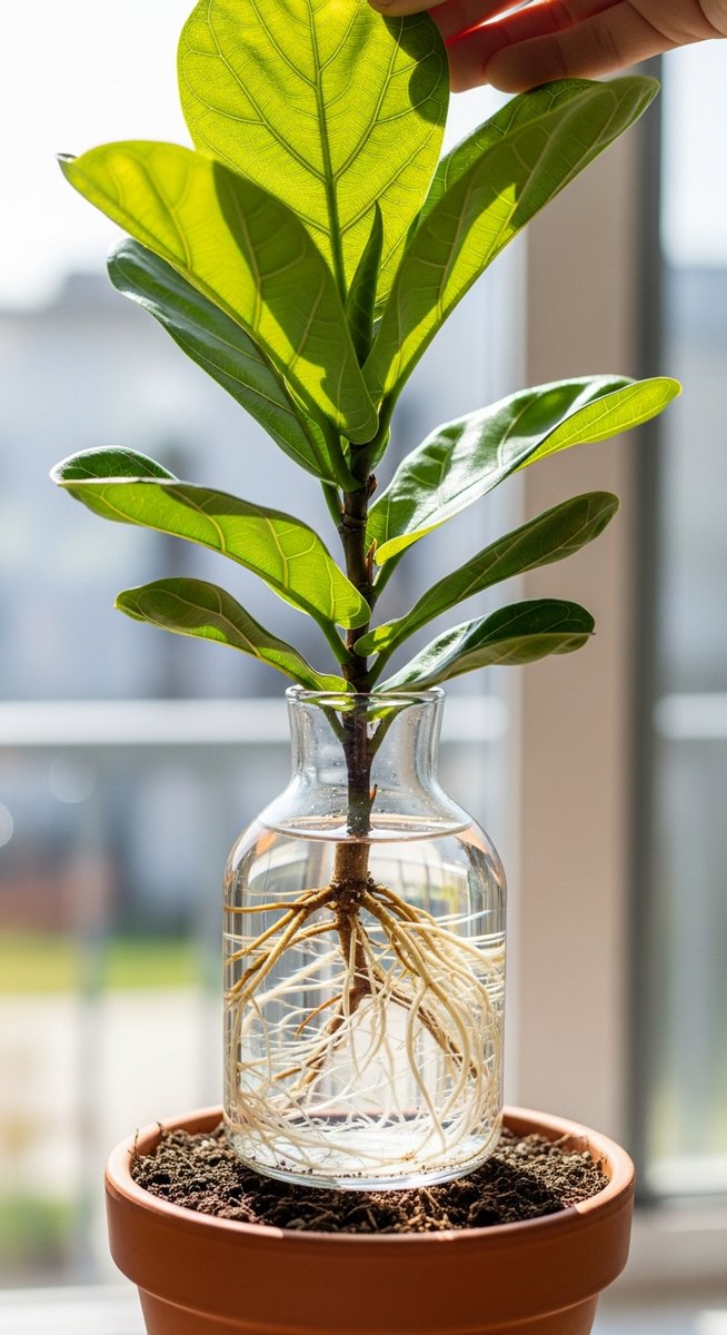 a fiddle leaf fig cutting with healthy roots in water ready to pot