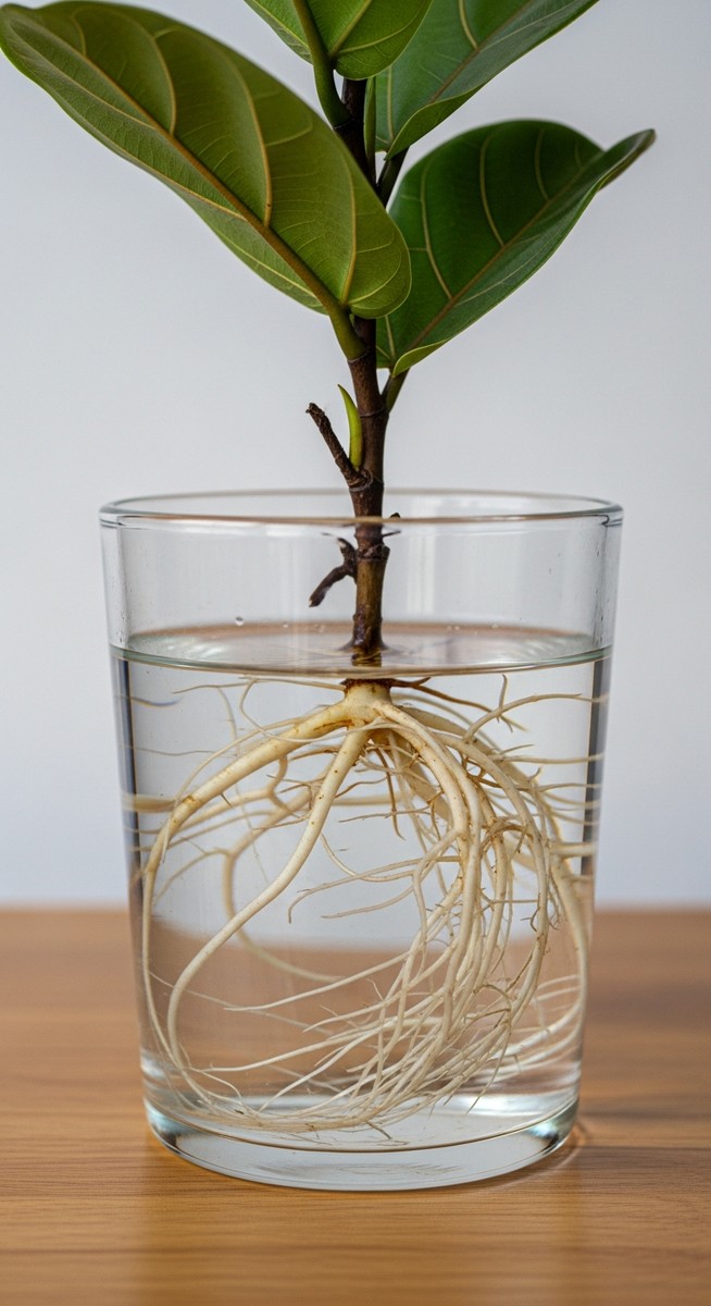 close-up of white roots growing from a fiddle leaf fig cutting in water, for fiddle leaf fig propagation